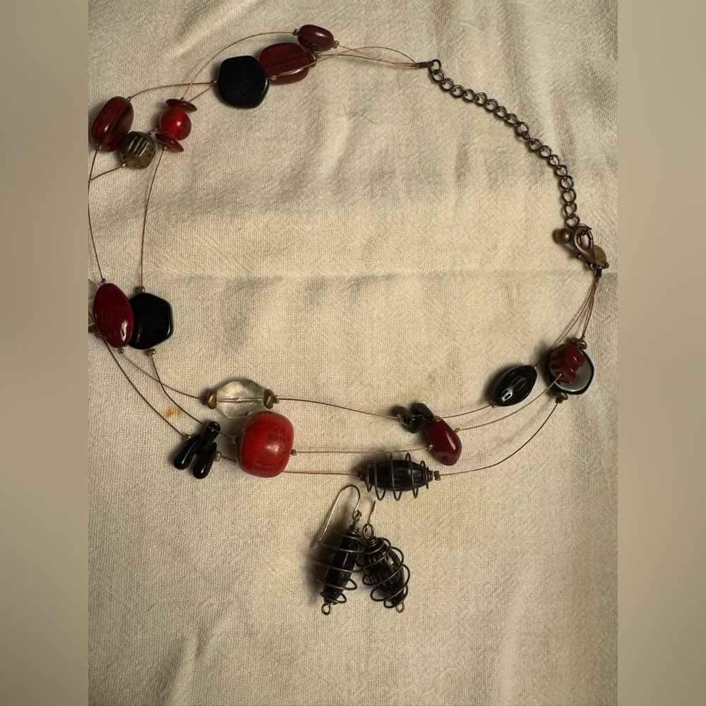 Chico's Bold Red and Black Beaded Necklace with Matching Earrings